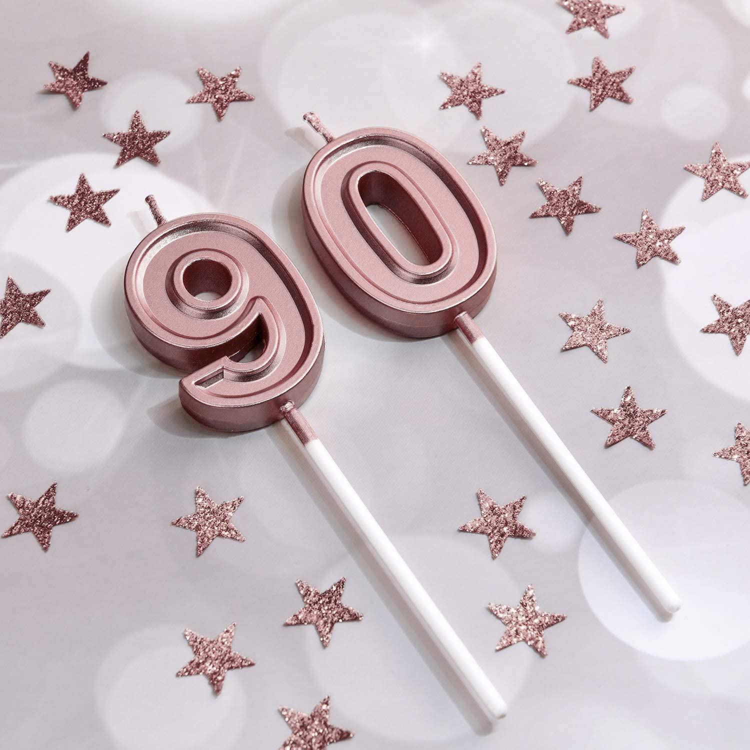 90th Birthday Cake Decorations Set Include 90th Birthday Candles Numeral 90 Cake Candles and Happy 90th Birthday Cake Toppers with Heart Star Cupcake Picks for Birthday Party (Rose Gold Series)