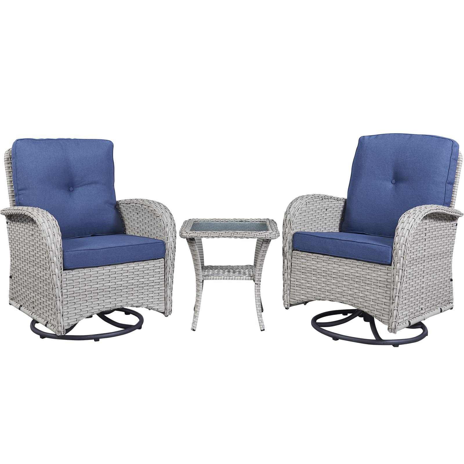 Rilyson Wicker Rocking Chair Swivel Chairs - 3PC Rocker Outdoor Furniture Set Rattan Patio Bisro Set with 2 Swivel Chairs and 1 Glass Top Side Table for Porch Deck(Grey/Blue)