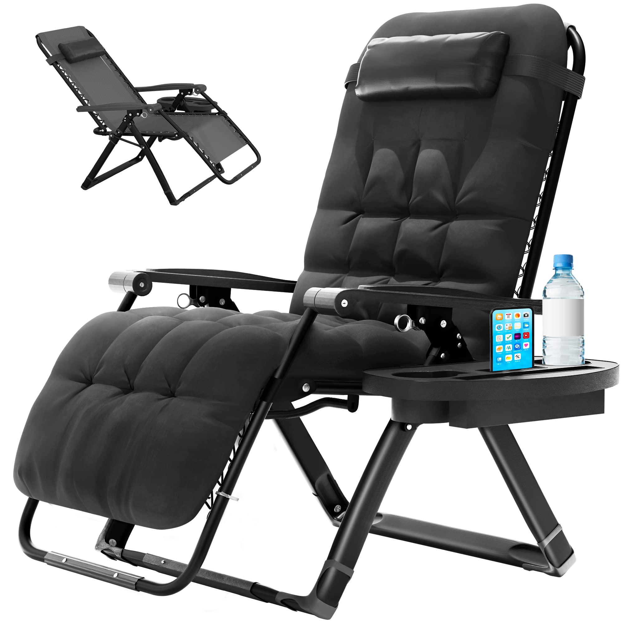 Elevens Oversized Zero Gravity Chair, 28in Reclining Patio Lounge Chair with Removable Cushion & Tray, Adjustable Headrest, Support 450 lbs, Black