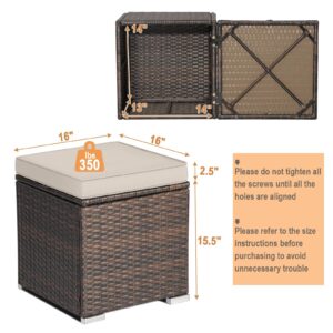 RELAX4LIFE 2-Pieces Outside Rattan Ottomans - Patio Wicker Footstools with Storage Space, Removable Cushions, Multifunctional Hand-Woven Outdoor Side Tables, Additional Seats and Footrest (Beige)