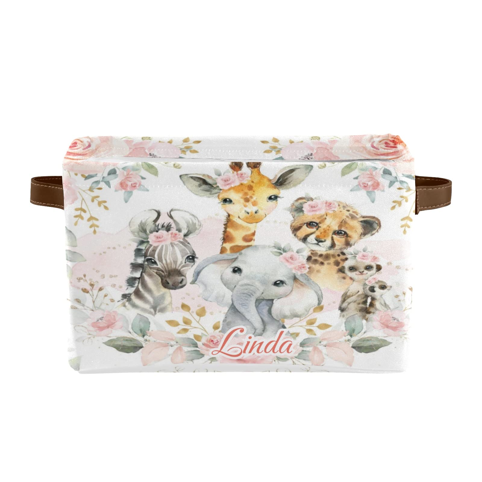 Safari Animals Floral Personalized Storage Bins Basket Cubic Organizer with Durable Handle for Shelves Wardrobe Nursery Toy 1 Pack