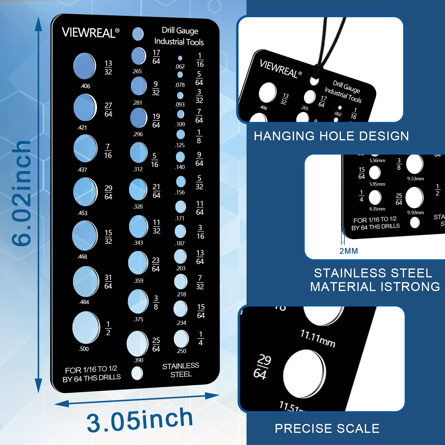 2 Pieces Drill Bit Size Gauge Drill Bit Guide Stainless Steel Drill Gauge 29 Holes Metal Drill Size Gauge Tool for 1/16 Inch to 1/2 Inch Size Bits Measurement (Black)