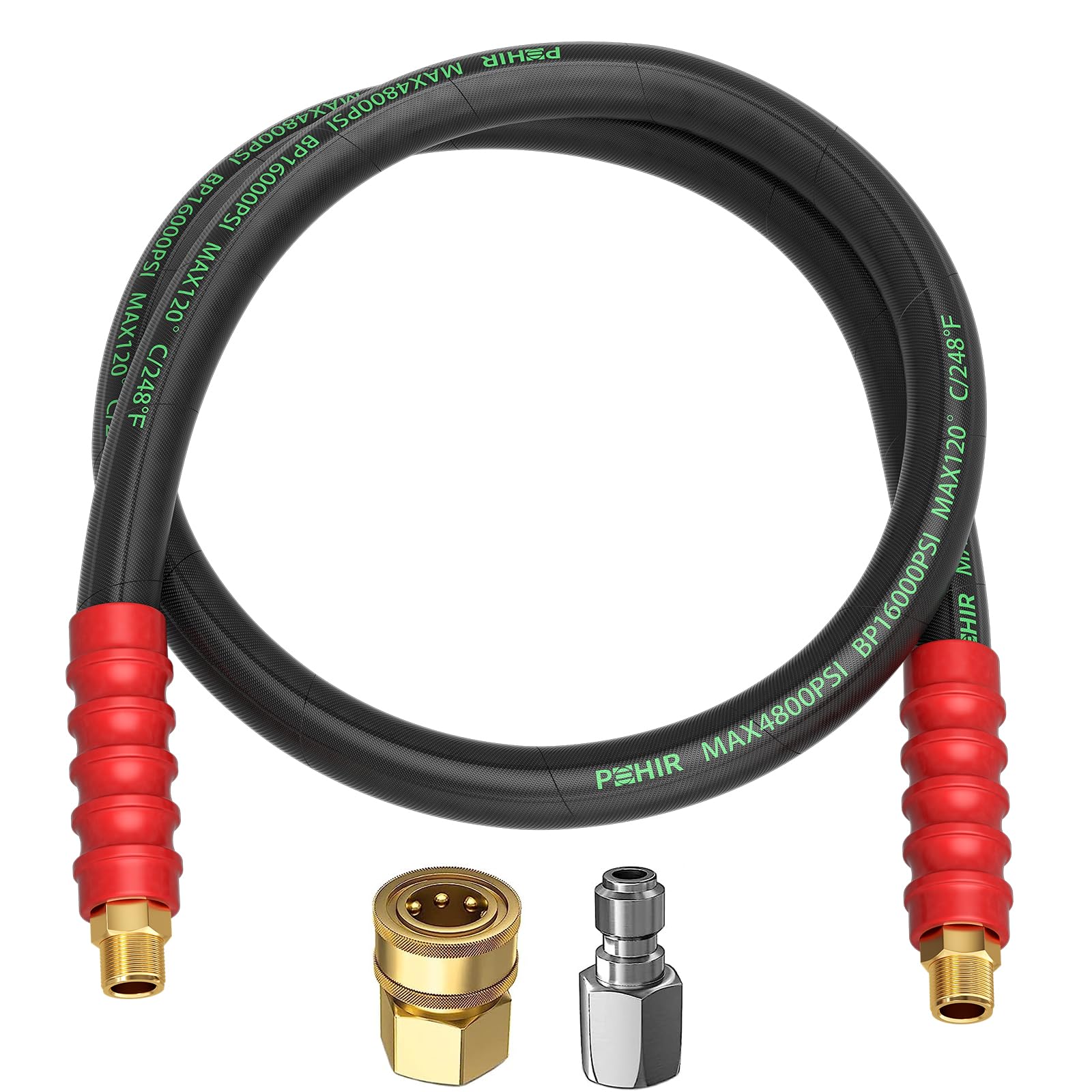 POHIR Pressure Washer Whip Hose 5FT, Hose Reel Connector Hose 248°F Hot/Cold Water Jumper Hose 3/8" with Quick Connect Adapter, Industry Grade Steel Wire Braided & Synthetic Rubber Jacket 4800 PSI