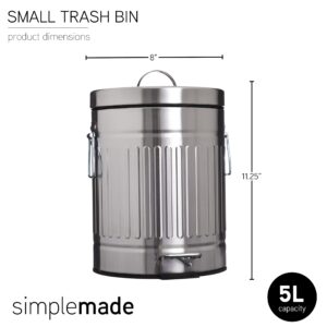 SIMPLEMADE Round Step Trash Can - 5 Liter / 1.3 Gallon - Stainless Steel Bathroom Trash Can, Small Trash Can with Lid, Metal Wastebasket, Galvanized Steel