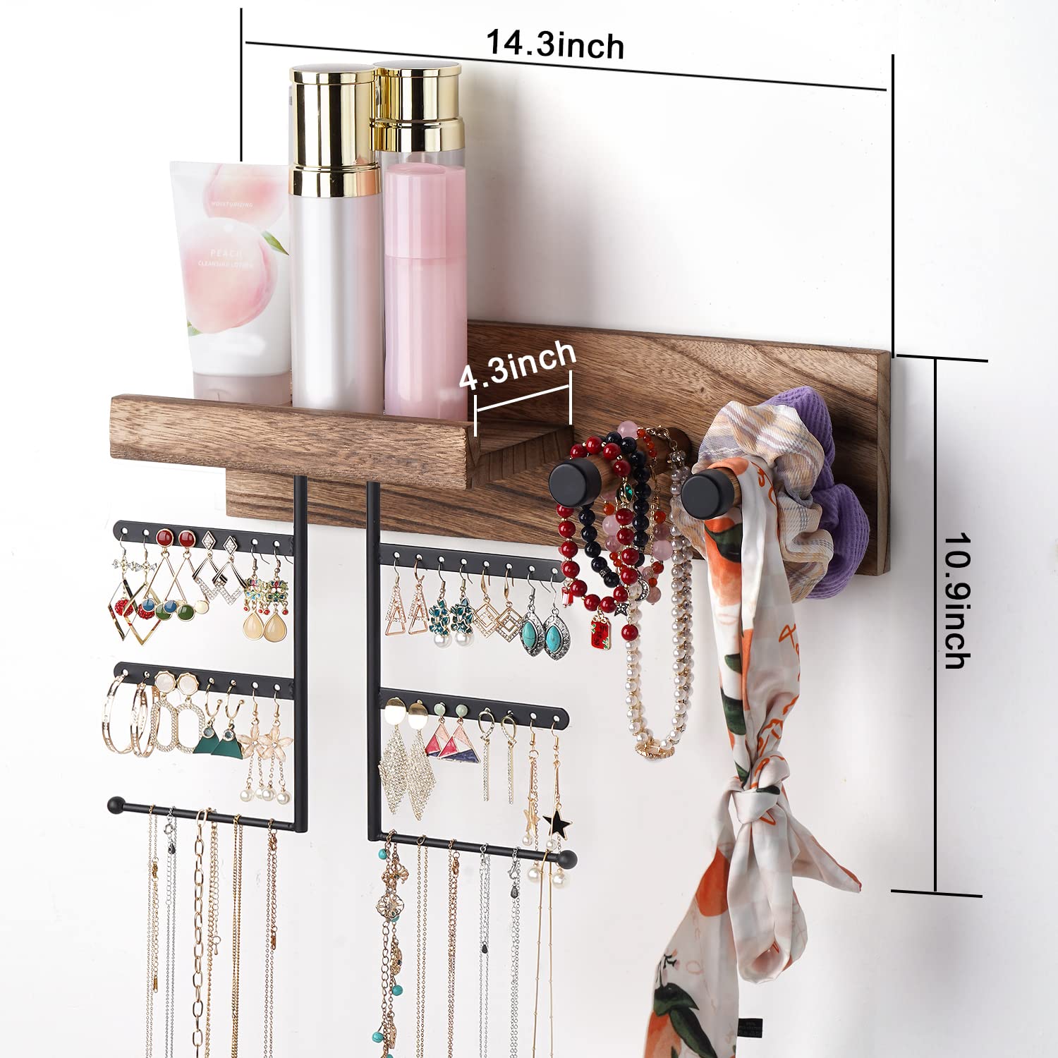 Kadolina Hanging Jewelry Organizer Wall Mount Jewelry Organizer with Bracelet Holder, Easy Install Free Combination Jewelry Organizer for Necklaces Earrings Bracelet (Carbonized Black)