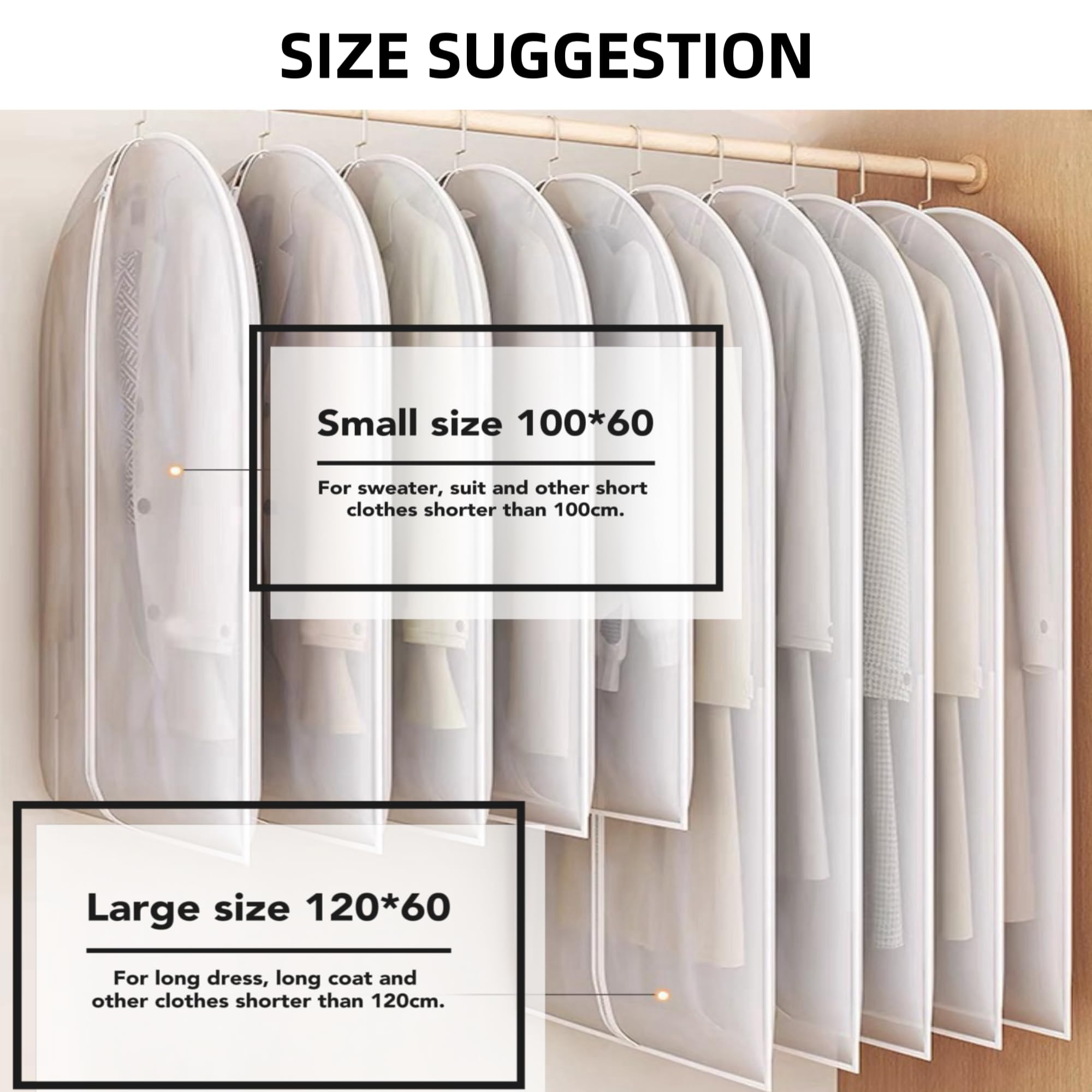 Maylmc 20 Pack Combo Size Clear Garment Bags for Hanging Clothes with Full Zipper for Closet Storage, Clothes Cover For Hanging, Wardrobe Bags for Hanging Clothes.(120 x 60CM x 10P, 100 x 60CM x 10P)