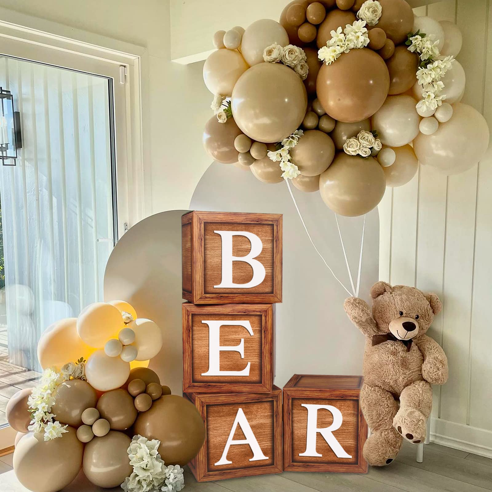 Brown Baby Balloon Boxes with 27 Letters - 4 Pcs Wooden Grain Baby Shower Blocks and A-Z+B Letters Woodland and Teddy Bear Decoration for Baby Shower, Gender Reveal, 1st Birthday Party Backdrop.