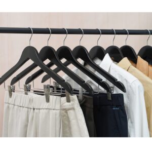 HOUÍSM Wooden Suit Hangers Skirt Hangers with Clips, 16Pack Solid Wood Pants Hangers with Heavy-Duty Clips, Premium Smooth Finish Black Wooden Hangers for Clothes Coat, Jeans, Blouse