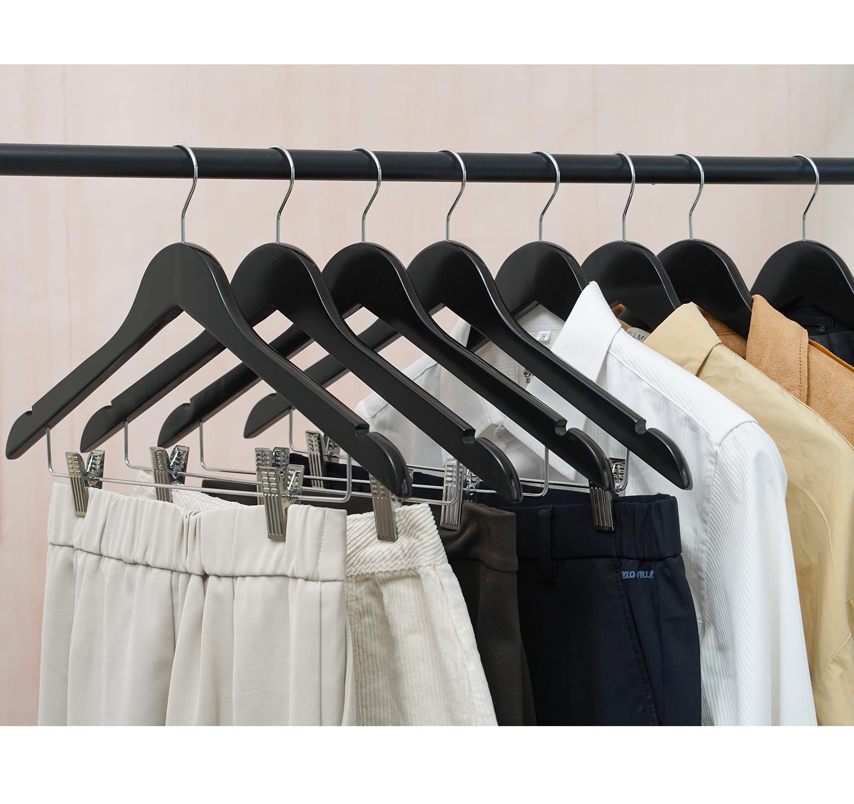 HOUÍSM Wooden Suit Hangers Skirt Hangers with Clips, 16Pack Solid Wood Pants Hangers with Heavy-Duty Clips, Premium Smooth Finish Black Wooden Hangers for Clothes Coat, Jeans, Blouse