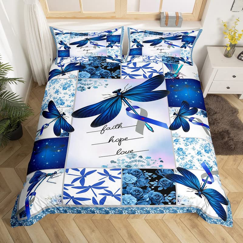 Feelyou Dragonfly Duvet Cover Set Blue Roses Printed Comforter Cover for Women Adults Retro Patchwork Design Bedding Set 1 Duvet Cover & 2 Pillowcases Queen Size