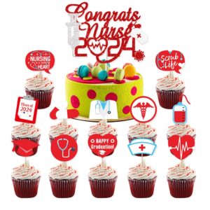 Nurse Graduation Party Decoration,2024 Glitter Red Nurses' Day Congrats Nurse Banner Nurses & Doctors Theme Garland Cake Cupcake Toppers for Nurses Week Nurses Day RN Graduation Party Supplies