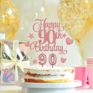 90th Birthday Cake Decorations Set Include 90th Birthday Candles Numeral 90 Cake Candles and Happy 90th Birthday Cake Toppers with Heart Star Cupcake Picks for Birthday Party (Rose Gold Series)