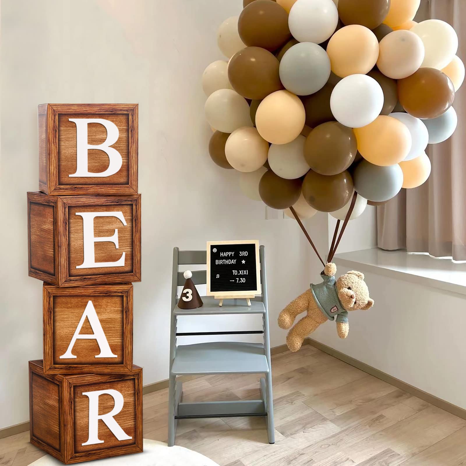 Brown Baby Balloon Boxes with 27 Letters - 4 Pcs Wooden Grain Baby Shower Blocks and A-Z+B Letters Woodland and Teddy Bear Decoration for Baby Shower, Gender Reveal, 1st Birthday Party Backdrop.