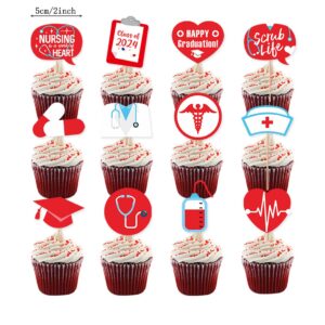 Nurse Graduation Party Decoration,2024 Glitter Red Nurses' Day Congrats Nurse Banner Nurses & Doctors Theme Garland Cake Cupcake Toppers for Nurses Week Nurses Day RN Graduation Party Supplies