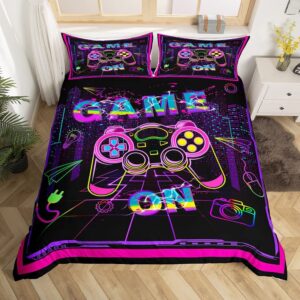 gaming bedding set gamer neon purple pink comforter cover for kids boys girls hippie graffiti game room decor duvet cover breathable modern gamepad bedspread cover room decor bedclothes full size