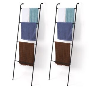 2 pack blanket ladder decorative towel rack holder for bathroom, wall leaning metal drying quilt stand for living room bedroom farmhouse home decor, for women mom mother her wife - black