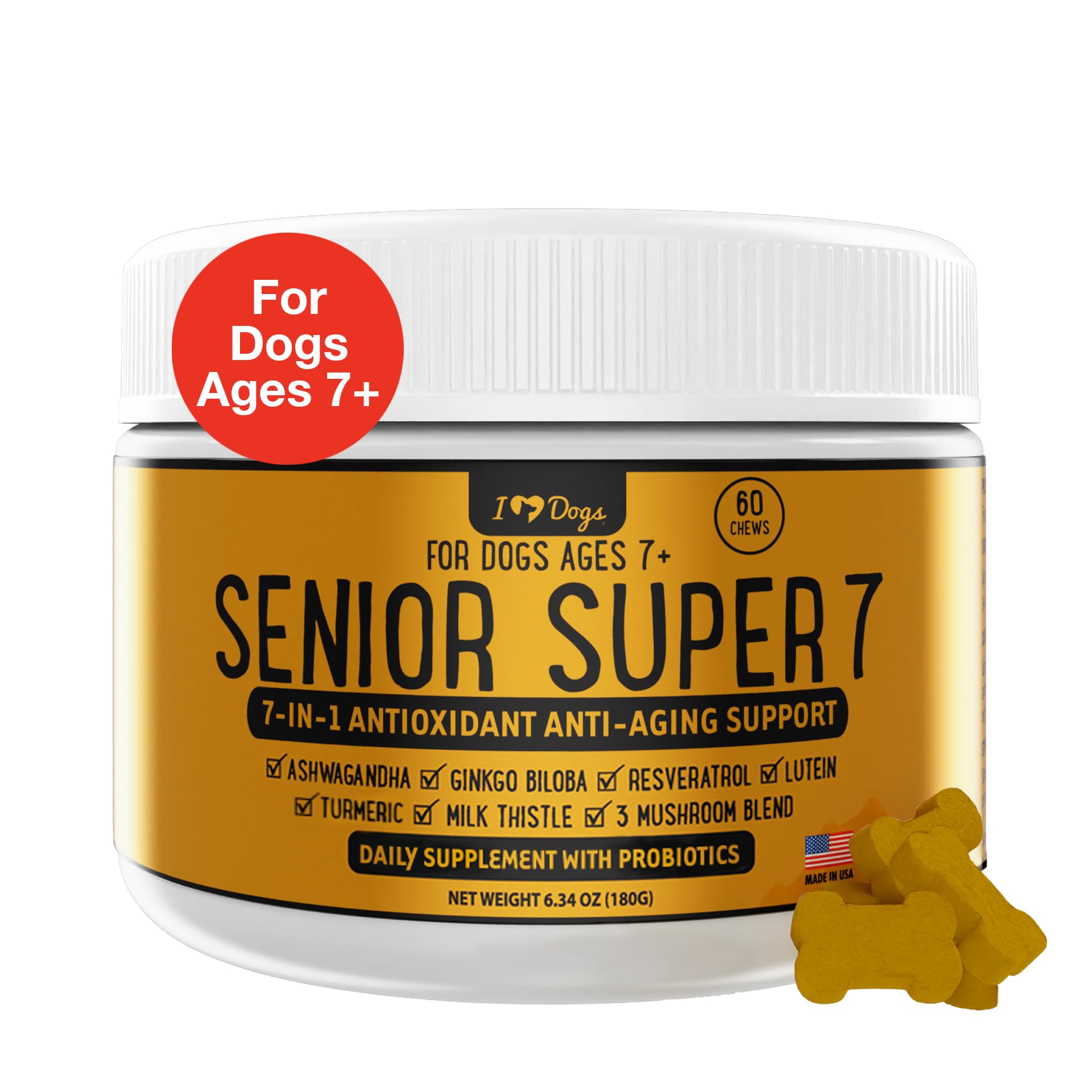 iHeartDogs Senior Super 7 Daily Dog Multivitamin - 7-in-1 Vitamin for Dogs Supports Anti-Aging with Antioxidants, Probiotics, Lion's Mane, Turkey Tail, & Ashwagandha for Longevity & Cognitive Boost