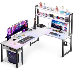 odk l shaped gaming desk with hutch, computer desk with storage shelves, 66" l shaped desk for home office, corner desk with headphone hook, white