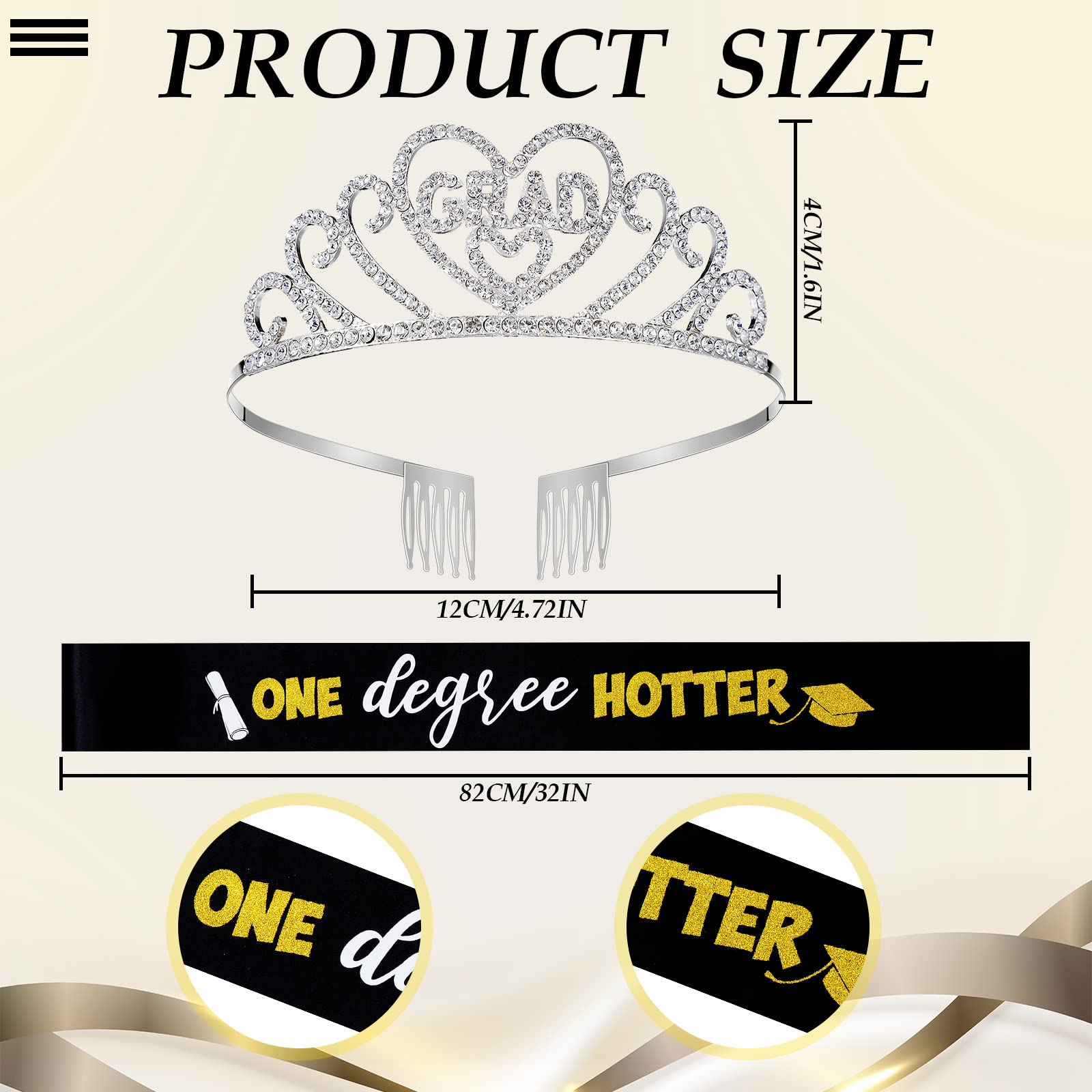 Hoteam 2 Pcs Graduation Party Supplies Kit - Crown Tiara, One Degree Hotter Sash, Class of 2024 Decorations for Senior College Masters Grad Gift