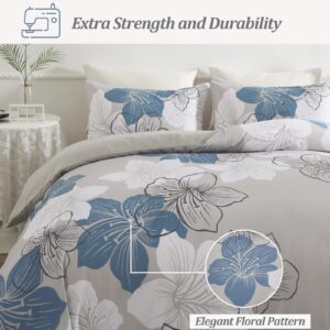 3 Pieces Duvet Cover Set King Blue Floral Pattern Comforter Cover Elegant Bohemian Floral Duvet Cover with 2 Pillow Cases Soft Lightweight Bedding Duvet Cover Set for Adults (Blue, 90"x 104")