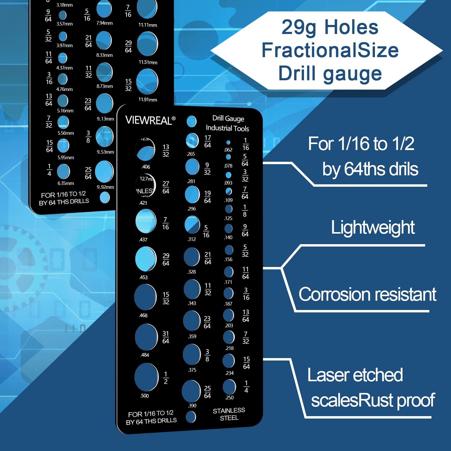 2 Pieces Drill Bit Size Gauge Drill Bit Guide Stainless Steel Drill Gauge 29 Holes Metal Drill Size Gauge Tool for 1/16 Inch to 1/2 Inch Size Bits Measurement (Black)