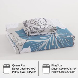 3 Pieces Duvet Cover Set King Blue Floral Pattern Comforter Cover Elegant Bohemian Floral Duvet Cover with 2 Pillow Cases Soft Lightweight Bedding Duvet Cover Set for Adults (Blue, 90"x 104")