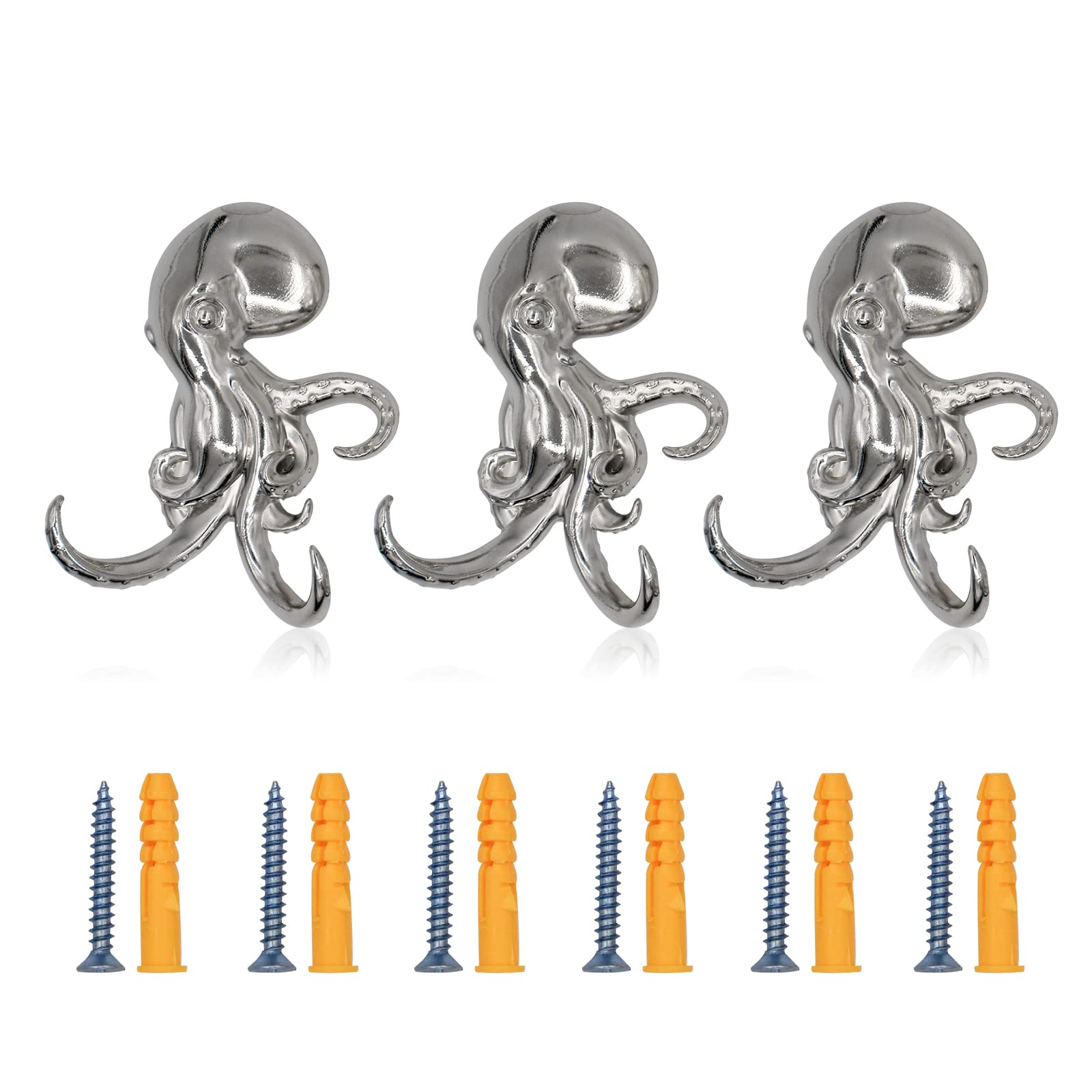 ALIWINER Silver Octopus Metal Hooks Hanging Wall Mounted Decorative Hook,Towel Hooks Decorative Octopus Hook Ocean Theme Wall Decor 2Pcs