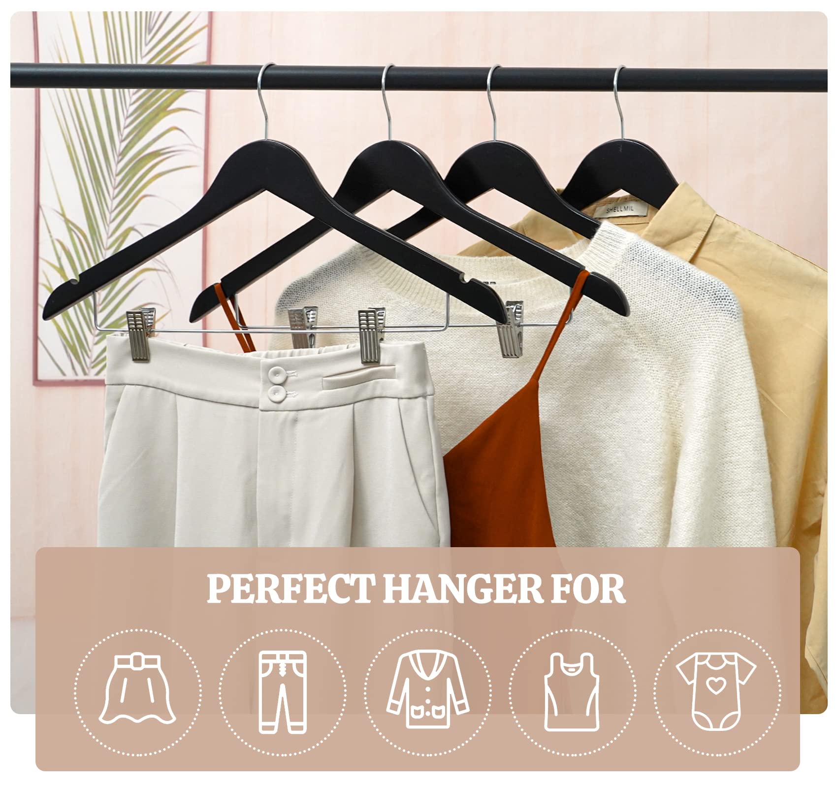 HOUÍSM Wooden Suit Hangers Skirt Hangers with Clips, 16Pack Solid Wood Pants Hangers with Heavy-Duty Clips, Premium Smooth Finish Black Wooden Hangers for Clothes Coat, Jeans, Blouse