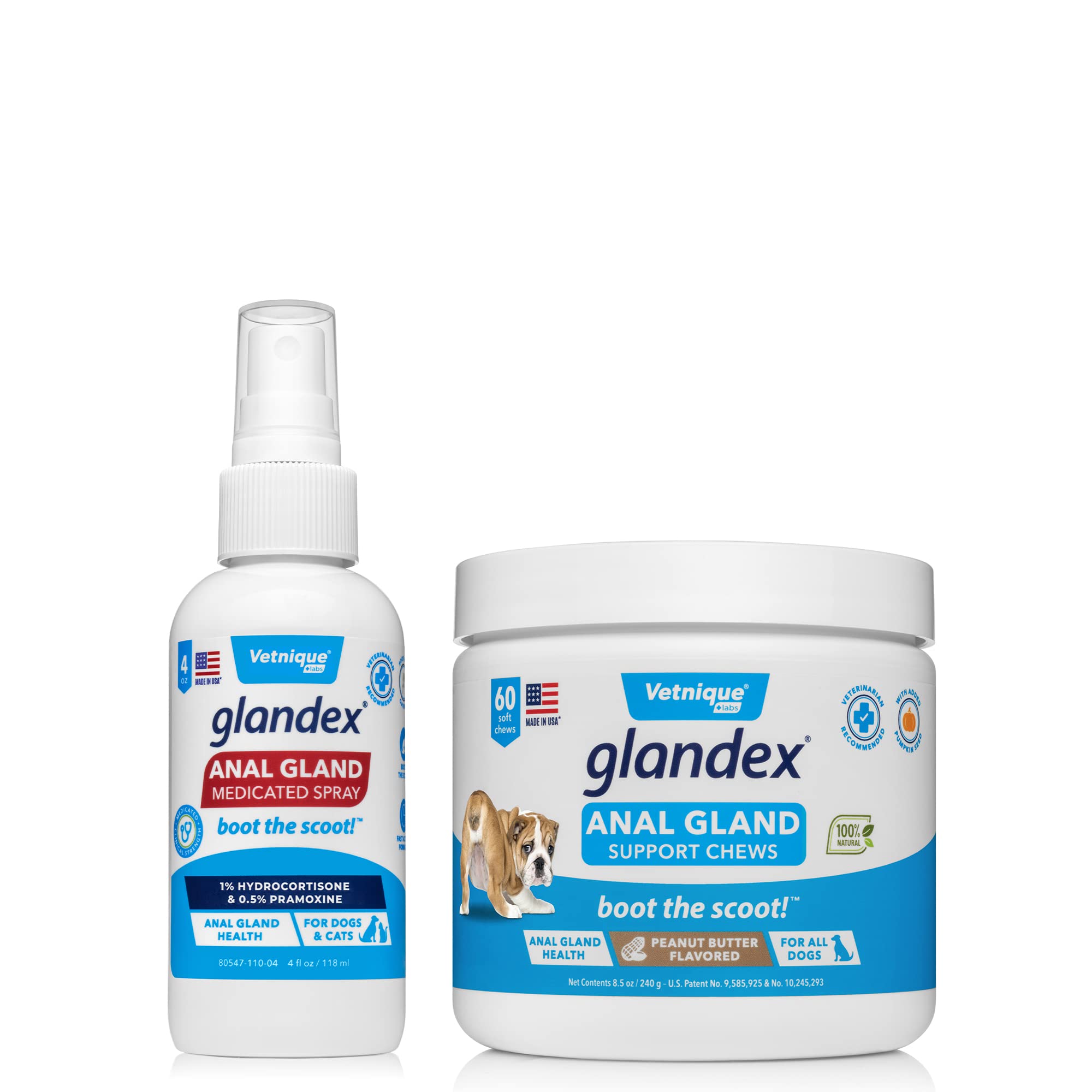 Vetnique Labs Glandex Anal Gland Medicated Spray for Dogs & Cats (4oz) & Glandex Anal Gland Support Chews 60ct Bundle Dog Anti-Itch Spray for Dogs, Anal Gland Dog Treats with Probiotics