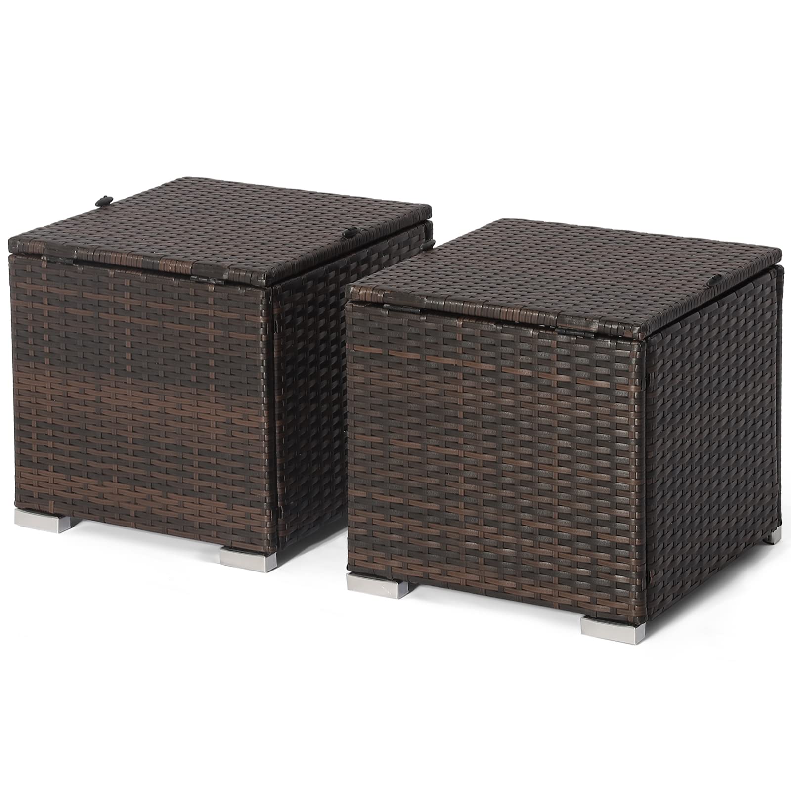 RELAX4LIFE 2-Pieces Outside Rattan Ottomans - Patio Wicker Footstools with Storage Space, Removable Cushions, Multifunctional Hand-Woven Outdoor Side Tables, Additional Seats and Footrest (Beige)