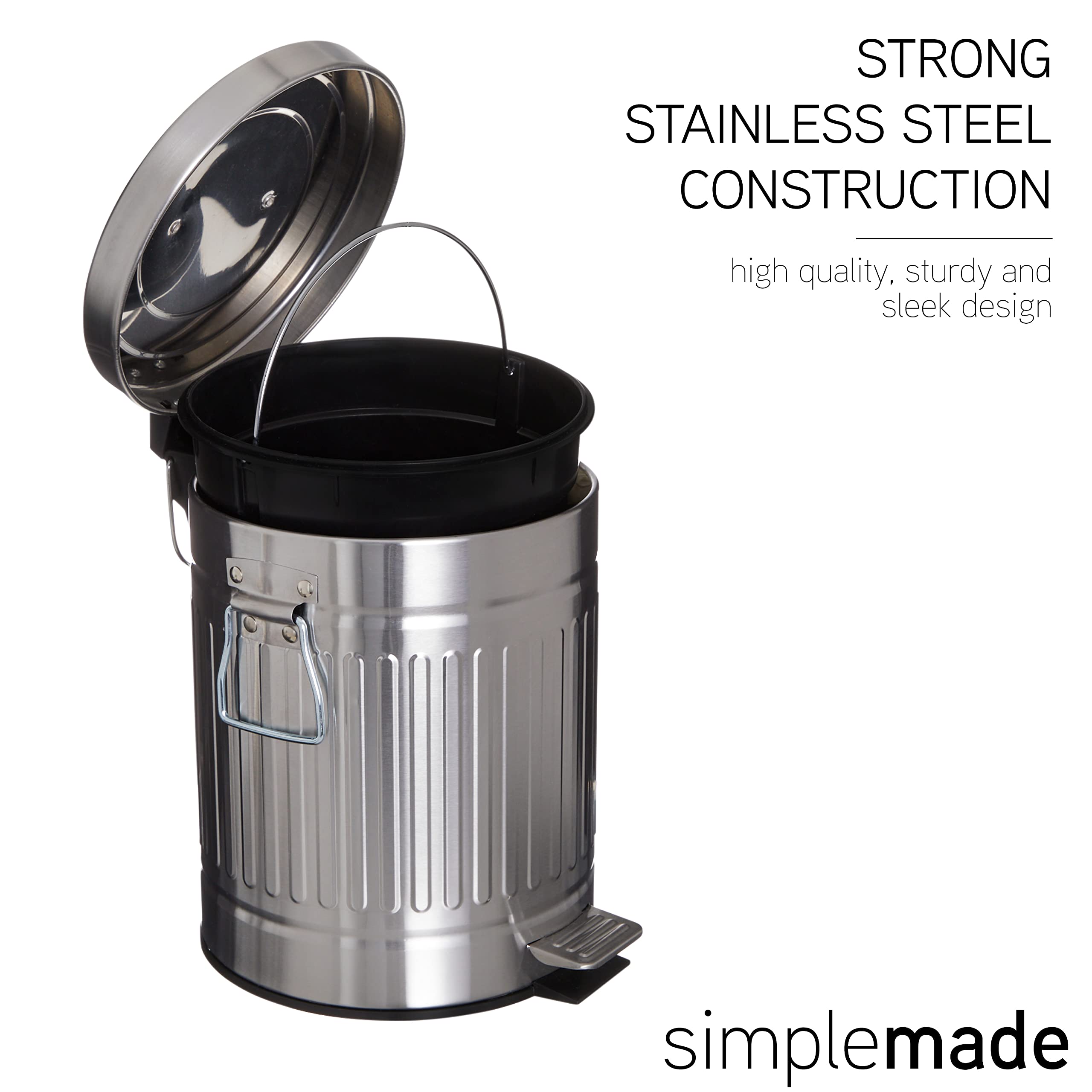 SIMPLEMADE Round Step Trash Can - 5 Liter / 1.3 Gallon - Stainless Steel Bathroom Trash Can, Small Trash Can with Lid, Metal Wastebasket, Galvanized Steel