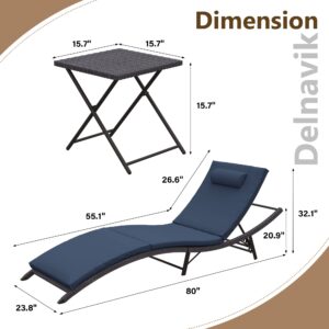 Delnavik Patio Chaise Lounge Set 3 Pieces Outdoor Lounge Chair Outdoor Wicker Lounge Chairs with Table Folding Chaise Lounger for Poolside Backyard Porch, Navy Blue