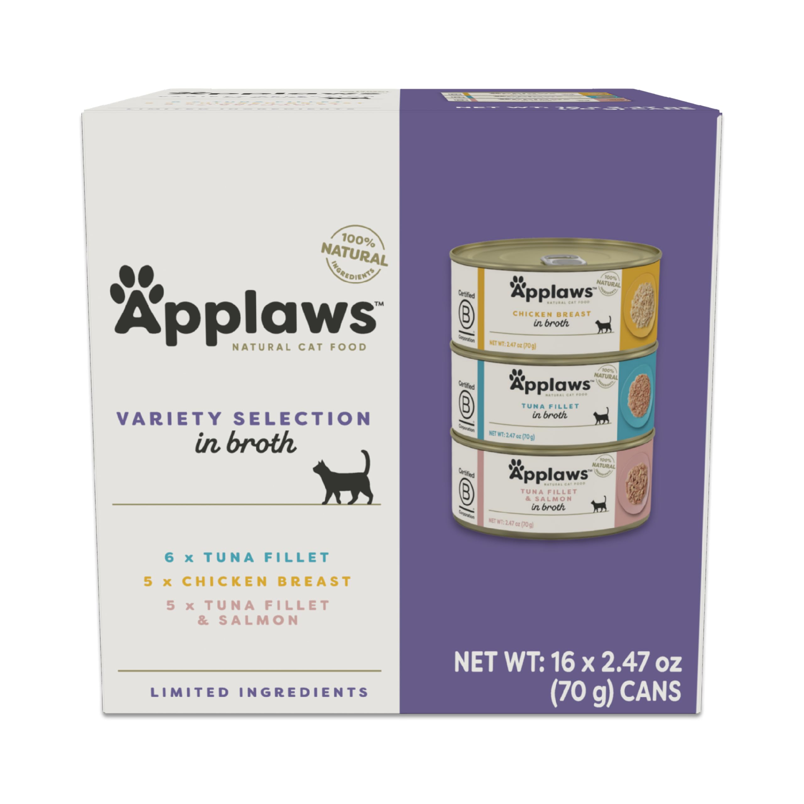 Applaws Wet Cat Food, 16 Count, Limited Ingredient Canned Wet Cat Food, Variety of Flavors in Broth, 2.47oz Cans