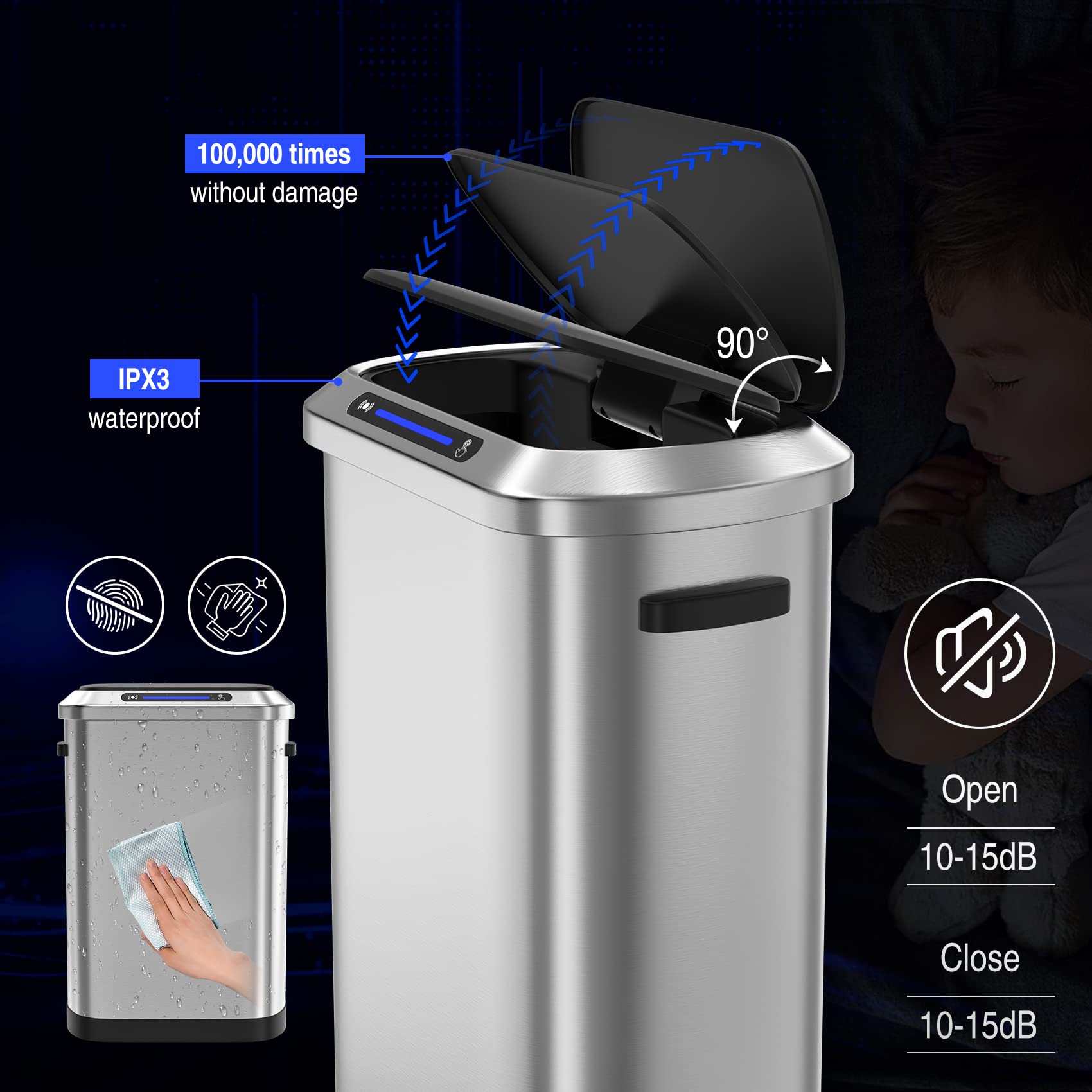 pouseayar 13 Gallon Stainless-Steel Smart Automatic Trash Can with Super Mute Sensor Lid, Silver, 30 Count Garbage Bags