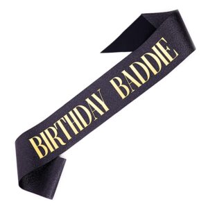 "birthday baddie" sash - black glitter sash with gold foil. soft black satin sash for women and men - birthday party favors supplies decorations & accessories for any birthday