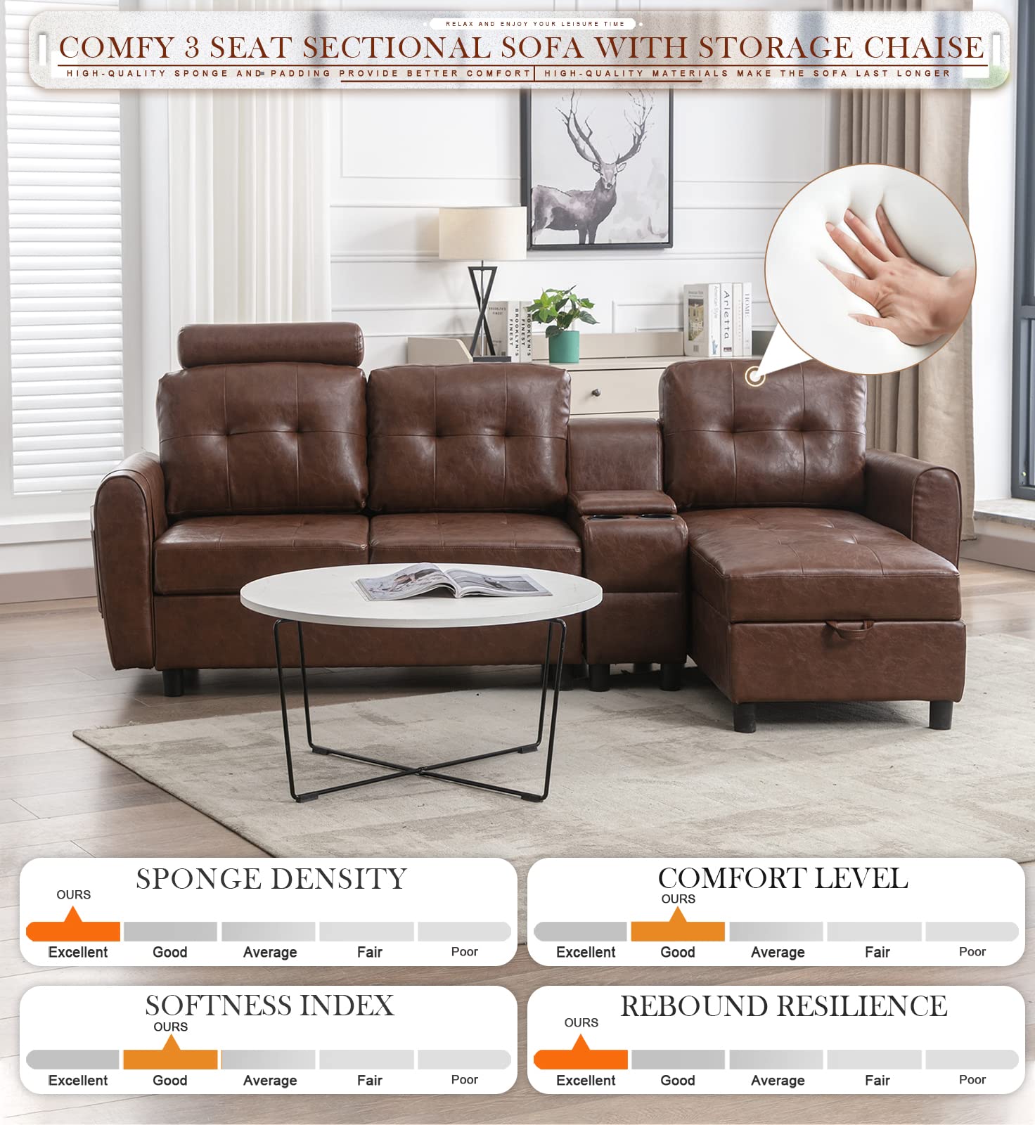 KINFFICT Modern PU Leather Sectional Sofa with Chaise, Comfy 3 Seat Sectional Couch with Storage, Cup Holders, and Comfy Headrest, L Shaped Couch Furniture Set for Living Room, Brown