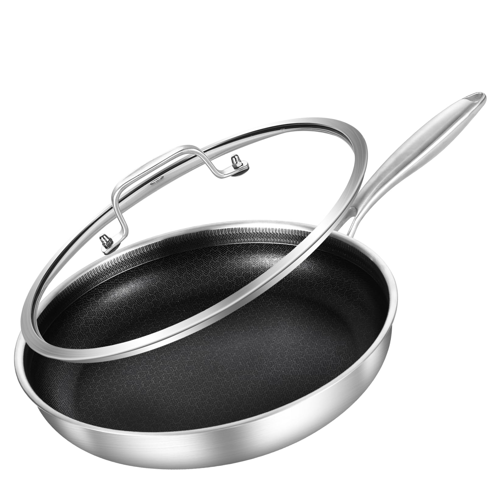 Inqibee 12-Inch Hybrid Tri-Ply Stainless Steel Sauté Pan,Non-stick Frying Pan with Lid,Skillet,Induction Chef's Pan,Heavy Duty and Oven Safe,Detachable Handle.