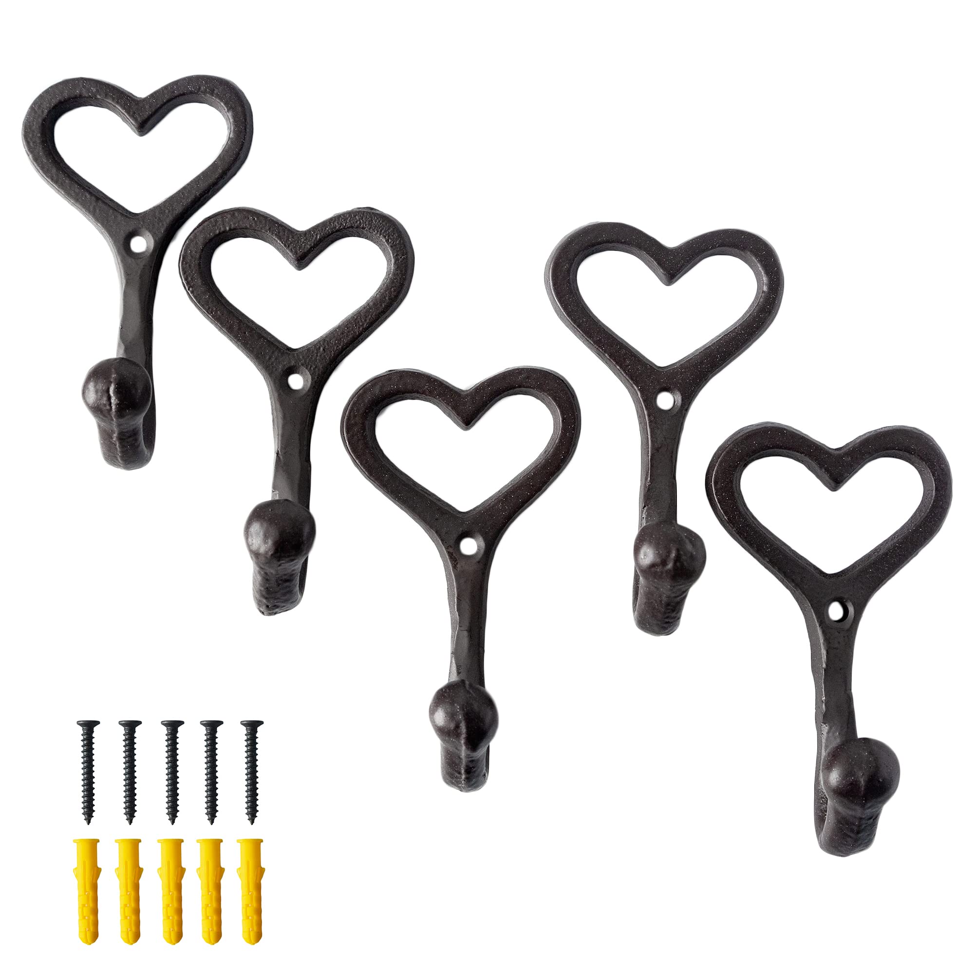 SMKOLIN 5 Pcs Love Heart Coat Hooks 3.8'' Cast Iron Wall Hooks Decorative Keys Mugs Bags Towels Hanger