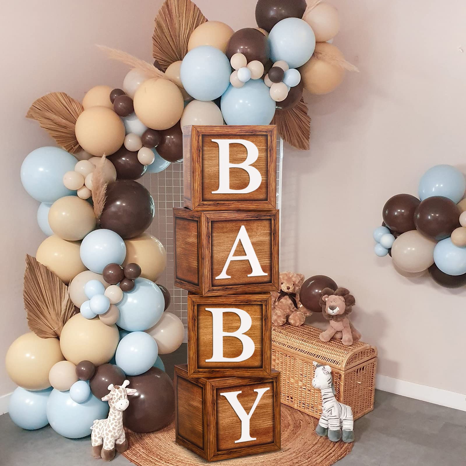 Brown Baby Balloon Boxes with 27 Letters - 4 Pcs Wooden Grain Baby Shower Blocks and A-Z+B Letters Woodland and Teddy Bear Decoration for Baby Shower, Gender Reveal, 1st Birthday Party Backdrop.