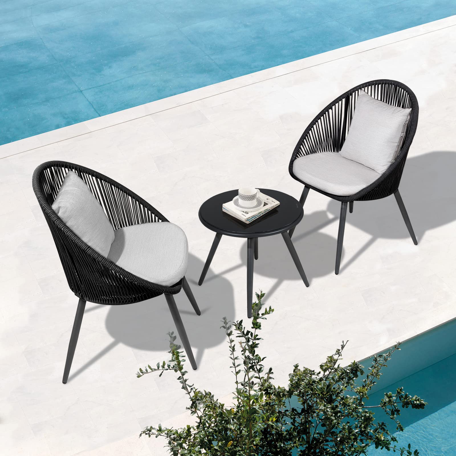 COBANA 3 Piece Patio Bistro Set, Outdoor Conversation Balcony Furniture Set with Glass Top Table and Cushioned Chairs, Black