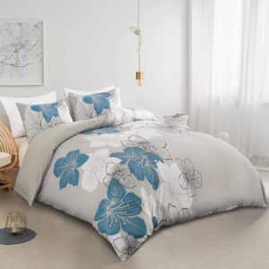 3 Pieces Duvet Cover Set King Blue Floral Pattern Comforter Cover Elegant Bohemian Floral Duvet Cover with 2 Pillow Cases Soft Lightweight Bedding Duvet Cover Set for Adults (Blue, 90"x 104")