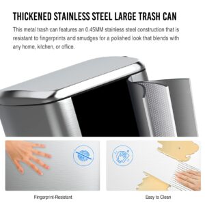 pouseayar 13 Gallon Stainless Steel Foot Pedal Trash Can with Soft Close Quiet Lid, Stainless-Steel Thickened Body Rectangular Garbage Can for Commercial/Kitchen/Home/Office Etc - Silver