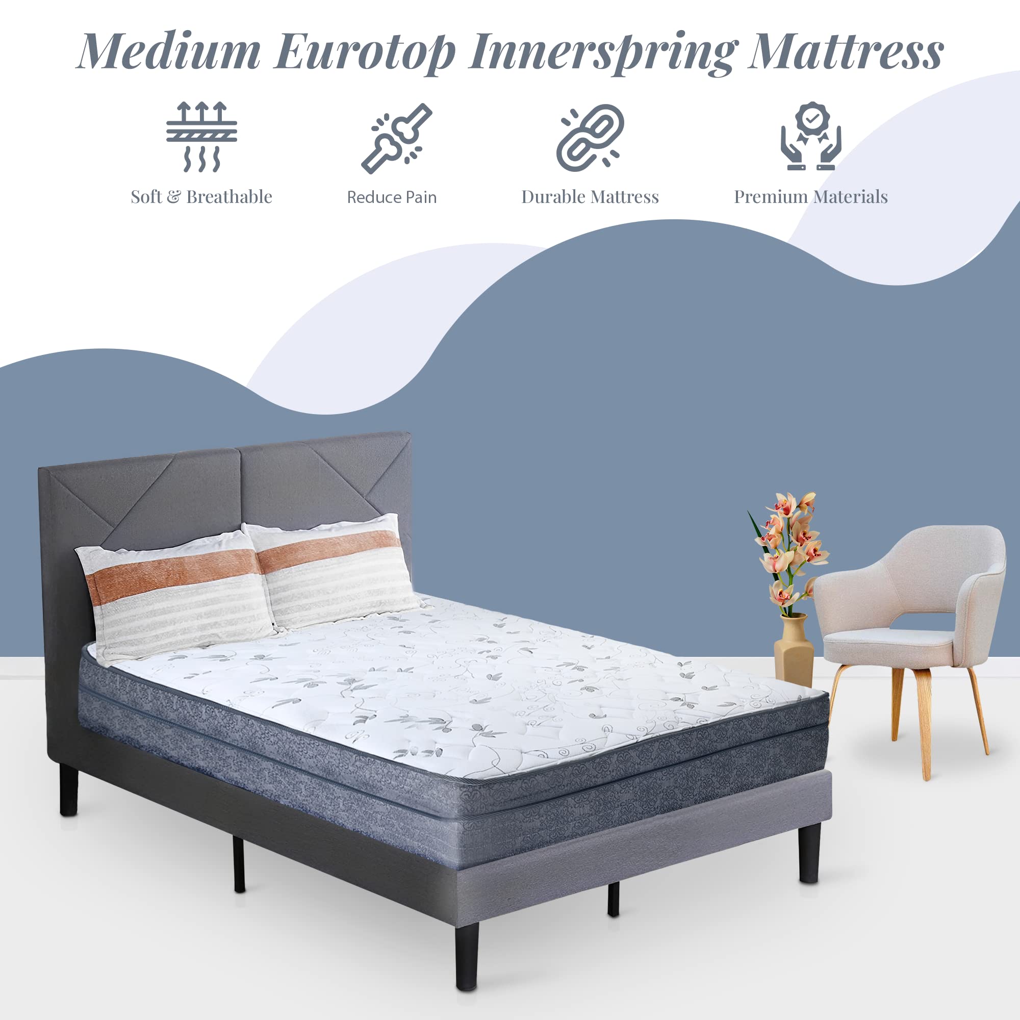 Greaton 13 Inch Foam Encased Mattress with Eurotop, Innerspring Mattresses for Pressure Relief, Comfortable Sleep, Supportive, Motion Isolation, King