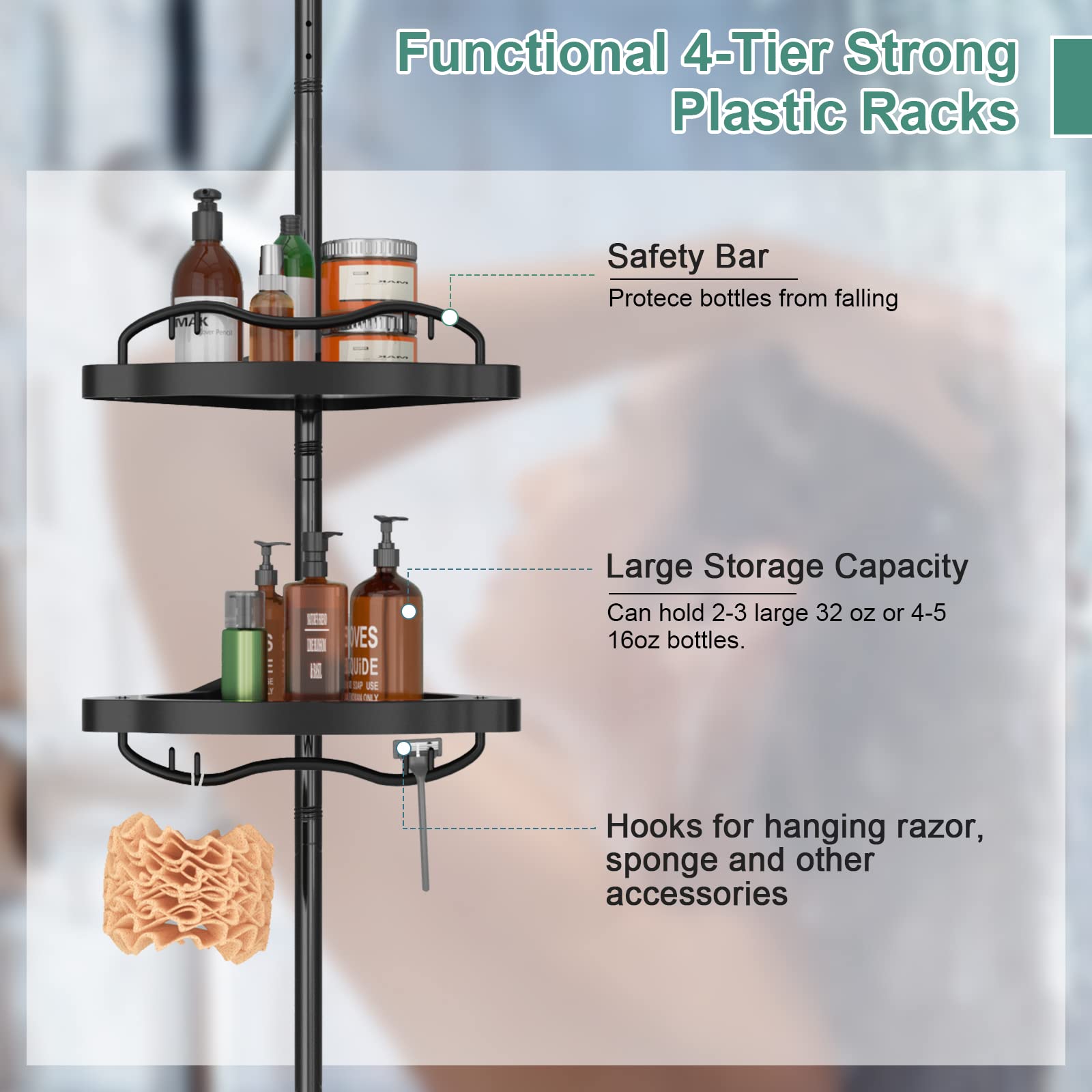 COCONUT Shower Caddy Tension Pole, 54-114 Inch Rustproof Corner Shower Caddy 4 Tier Adjustable Plastic Shelves for Bathtub Drill Free Shower Organizer Quick Installation Bathroom Storage Rack