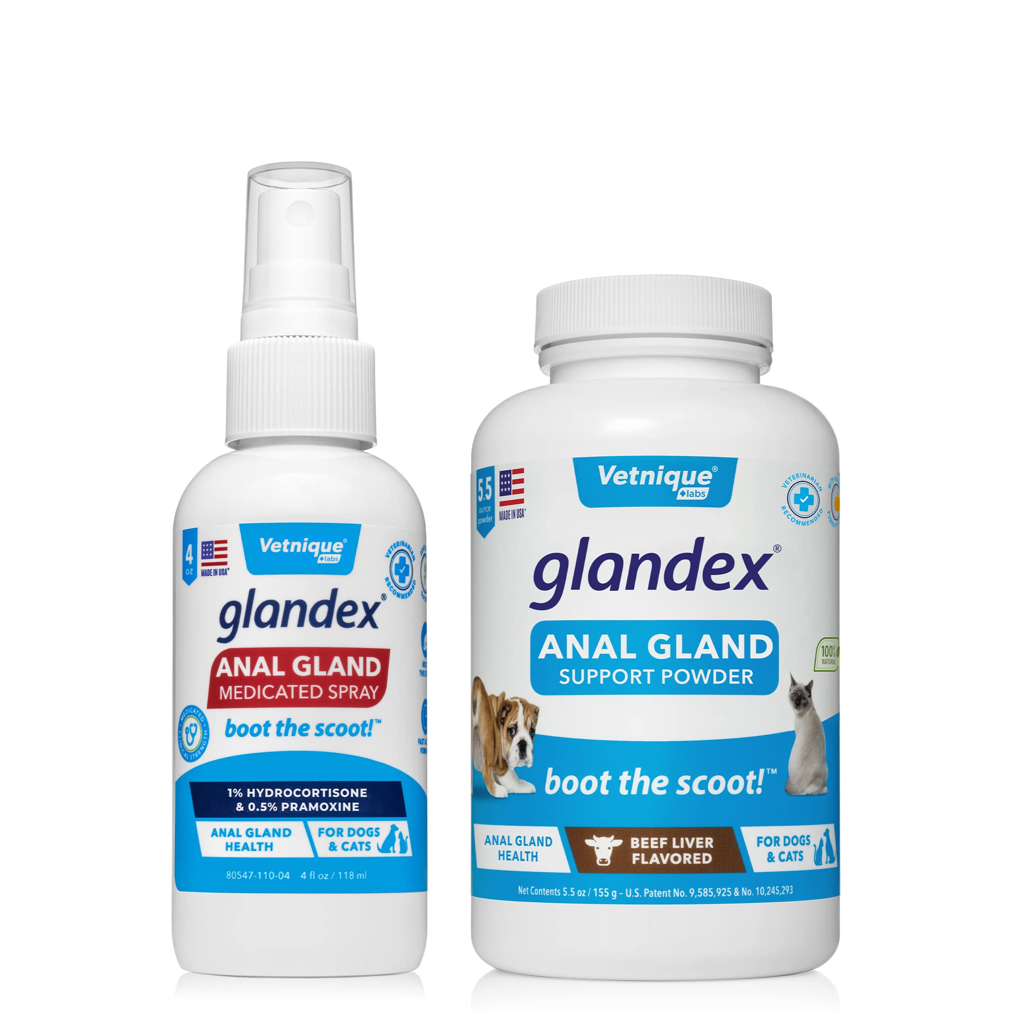 Glandex Anal Gland Medicated Spray for Dogs & Cats (4oz) and Glandex Beef Liver Anal Gland Support Powder (5.5oz) Bundle, Dog Deodorizing Spray & Anti-Itch Spray for Dogs, Anal Gland Powder for Dogs w