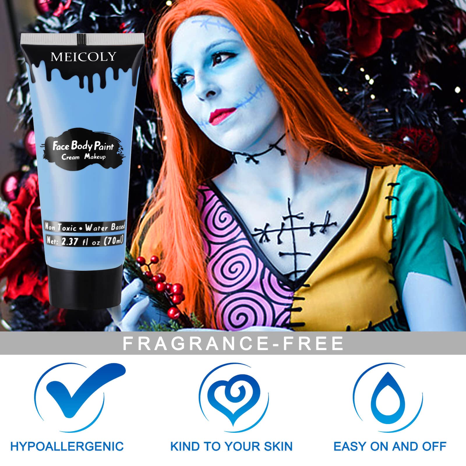 MEICOLY Light Blue Face Body Paint,2.37Oz Large Tube Washable Sky Blue Body Paint for Adult and Kids,Pale Blue Face Paint Sadness for Halloween Corpse Bride Avatar Smurf Sally Christmas Cosplay Makeup