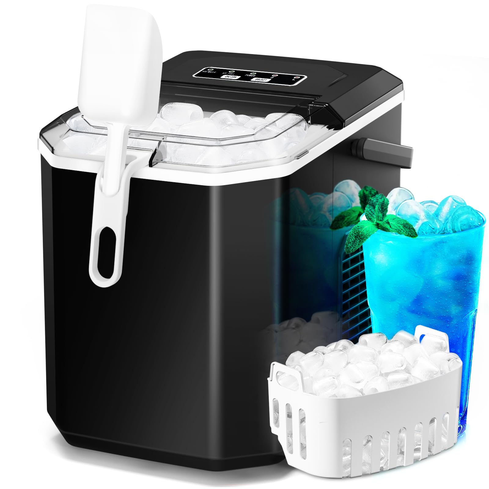 Ice Makers Countertop, 9 Cubes Ready in 6 Mins, Self-Cleaning Ice Machine with Detachable Double Handle and Anti-Hollowing Basket, 2 Size of Bullet Ice for Home Kitchen Office Bar Party, Black