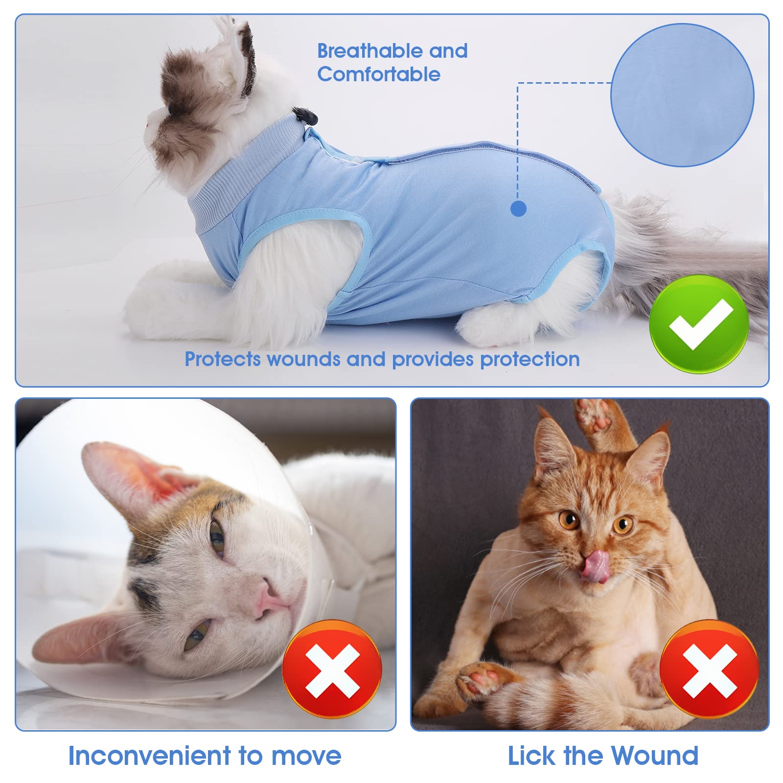 Molain Cat Professional Recovery Suit for Abdominal Wounds or Skin Diseases, After Surgery E-Collar Alternative for Cats Anti Licking Pajama Suit Kittens Surgery Recovery Suit (Blue, M Size)