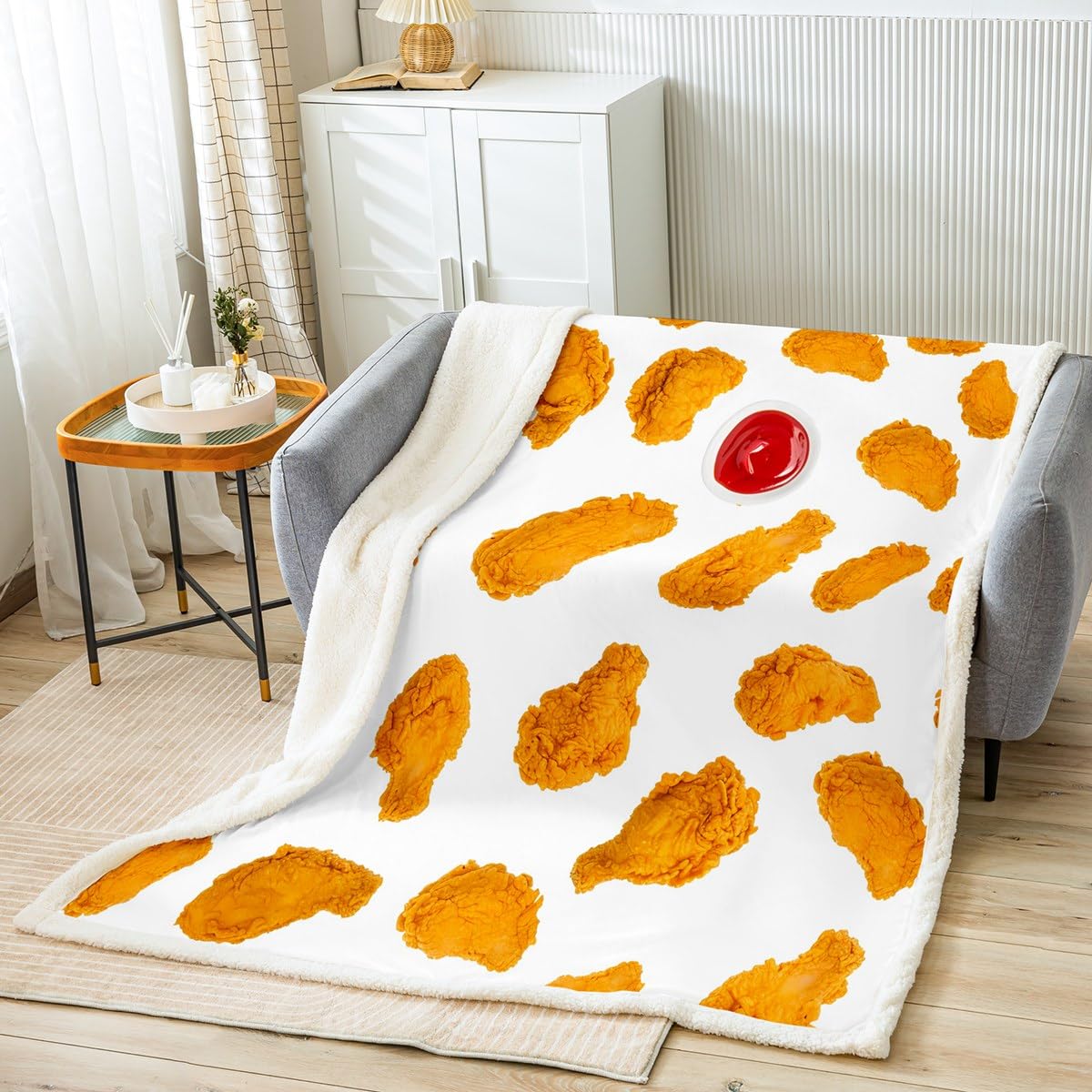 Feelyou Fried Chicken Fleece Throw Blanket Chicken Nuggets Print Sherpa Plush Blankets and Throws Soft Lightweight Flannel Fuzzy Blanket for Bed Sofa Couch 60"x80"