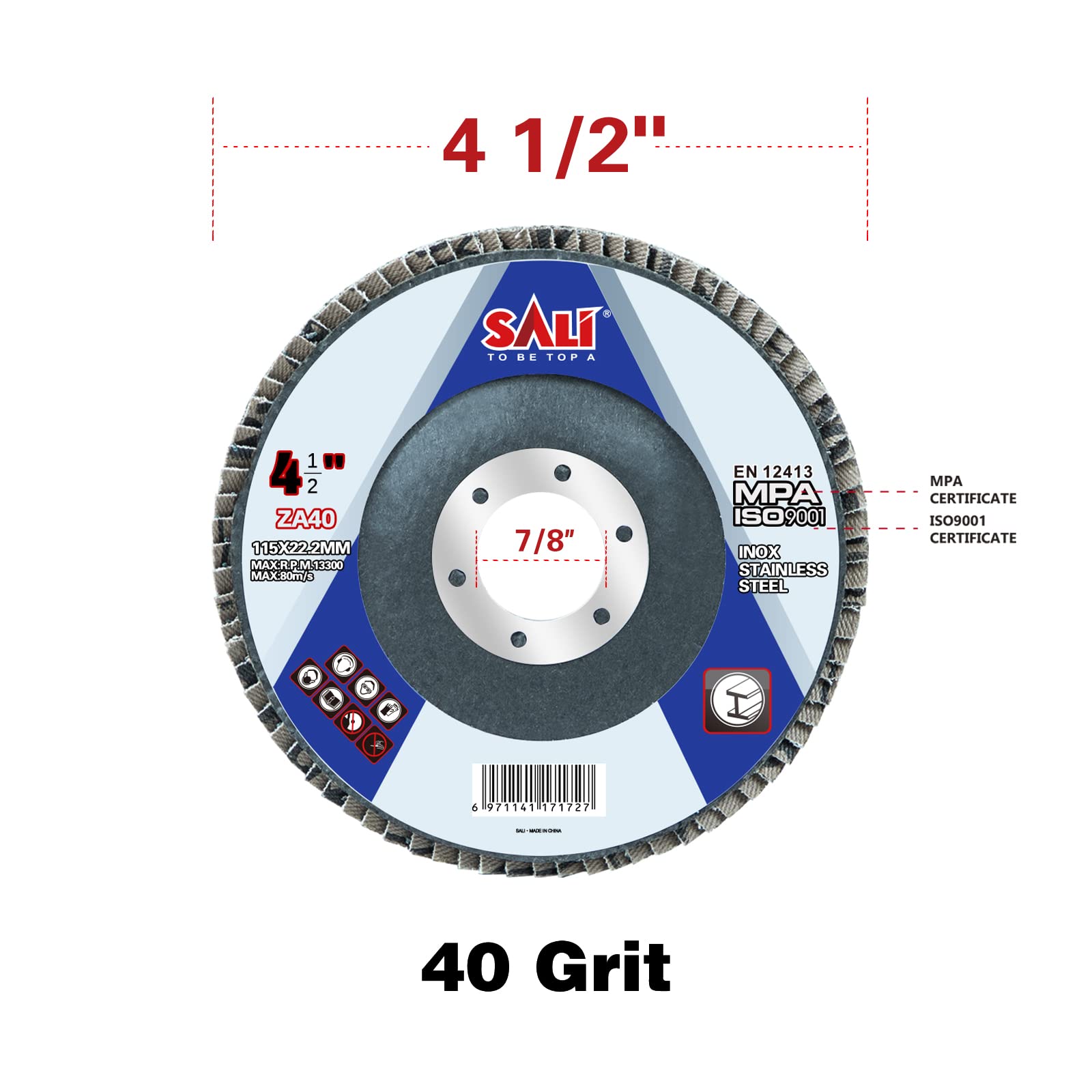 Sali 100 Pack Zirconia Flap Disc 40 Grit 4.5" x 7/8-Inch Sanding Disc Bevel Type #29 Premium and Industrial Grade Angle Grinder Grinding Wheel High Performance Edge Grinding